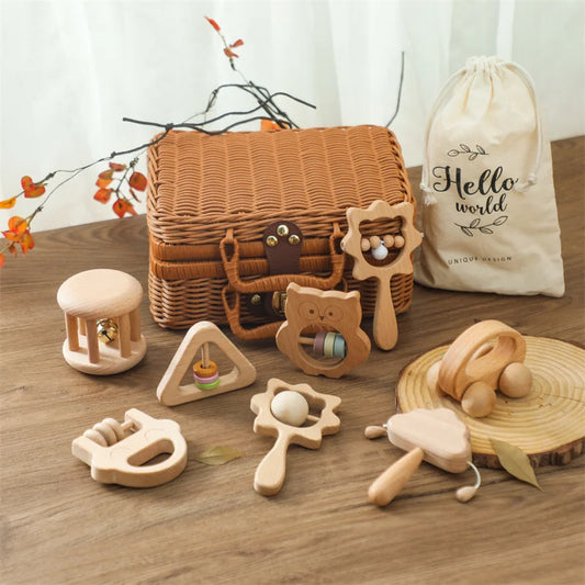 Juguetes de madera Montessori para bebés: pulsera mordedora y chupete