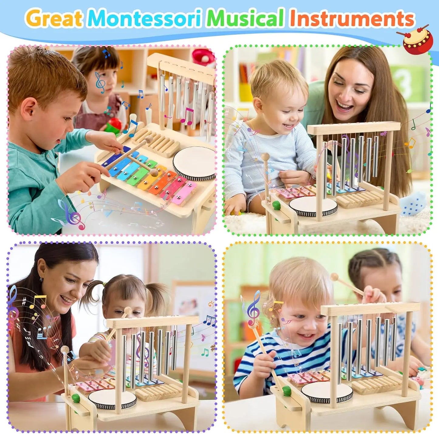 Wooden Kids Drum & Xylophone Set