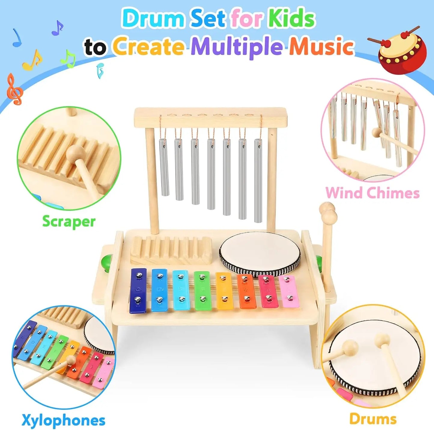 Wooden Kids Drum & Xylophone Set